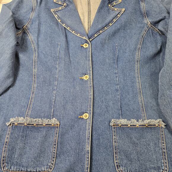 Vintage Cervelle Long Fitted Denim Jacket Jean Blazer Frayed Stud Trim sz Large - Picture 7 of 15